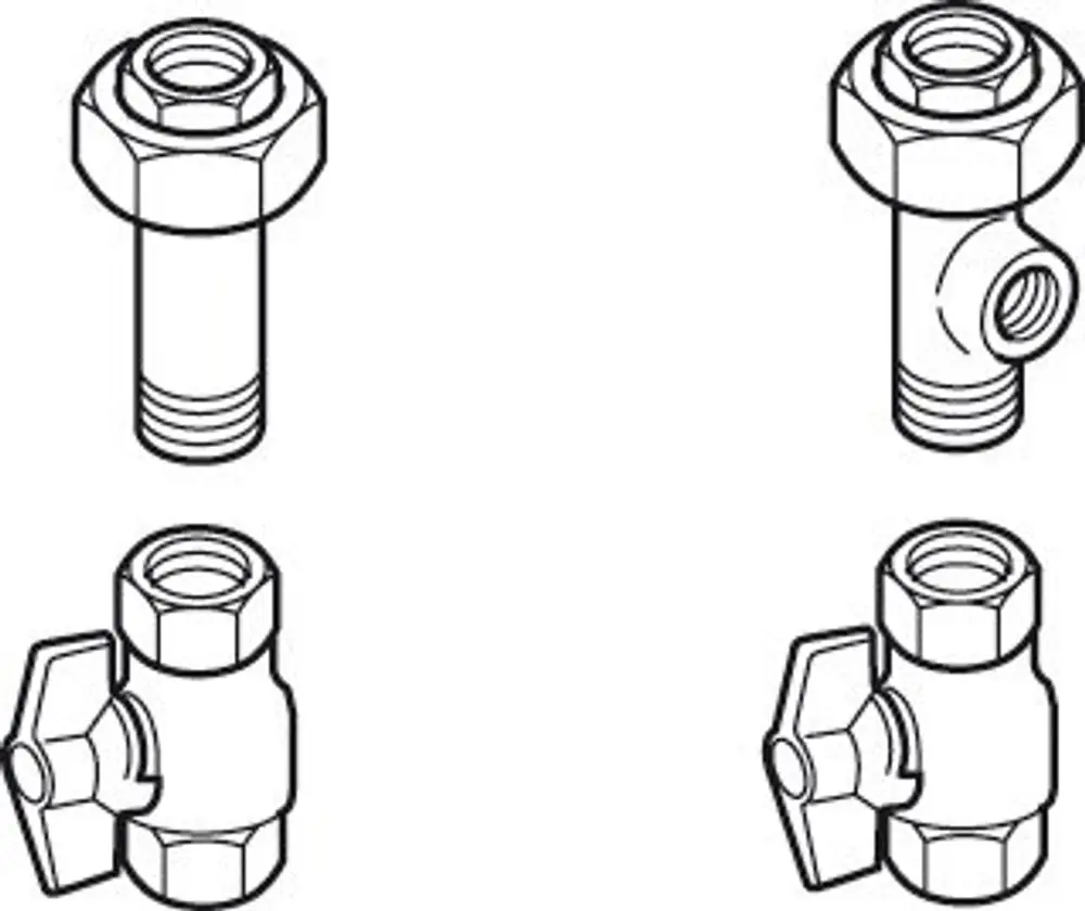 Zwei Winkelstücke und zwei gerade Rohrverbinder aus Metall, jeweils mit Gewinde, die Teil eines Bosch Installationszubehörs sind.